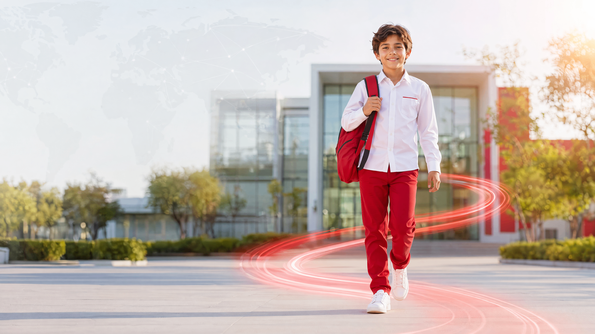 A confident student walking toward a modern OBELAS learning environment