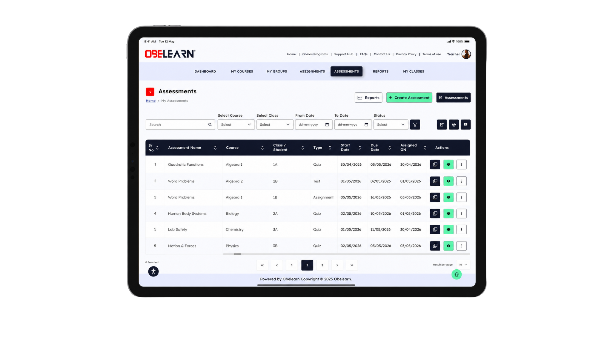 OBELEARN assessments interface