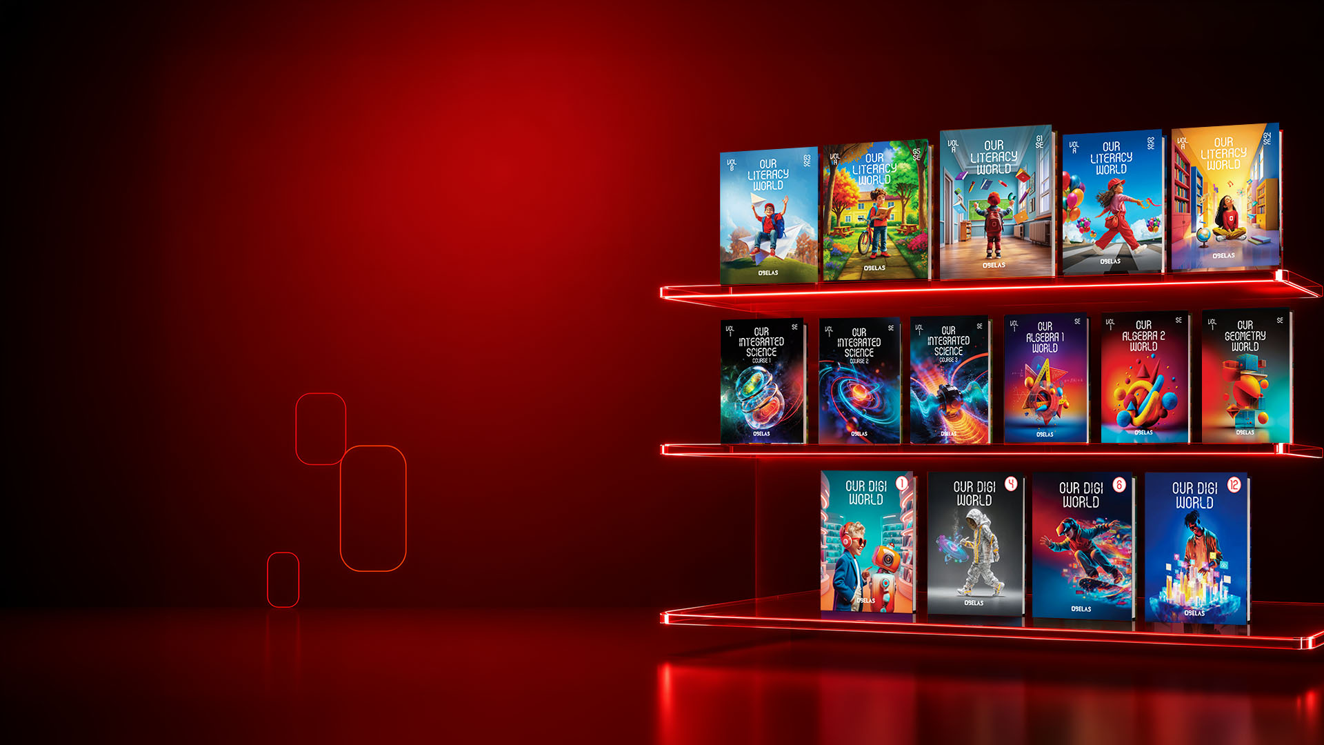 OBELAS global K-12 book shelf showcasing Literacy, Integrated Science, Math and Digital World volumes