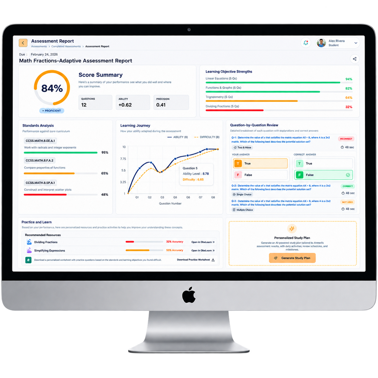 CogniAdapt adaptive assessment report with score summary and learning journey.