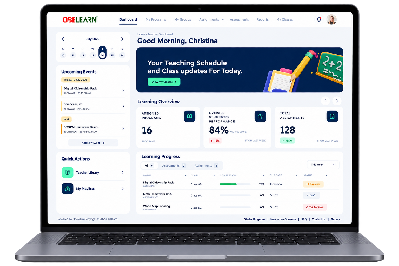 OBELEARN learning management system on a laptop