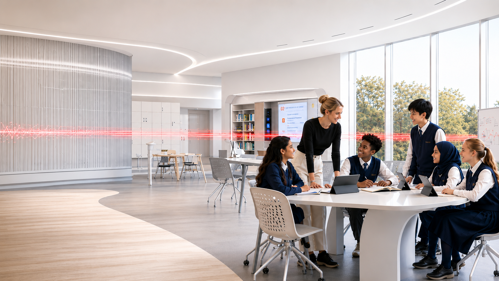 Students and an educator collaborating in a modern OBELAS learning space