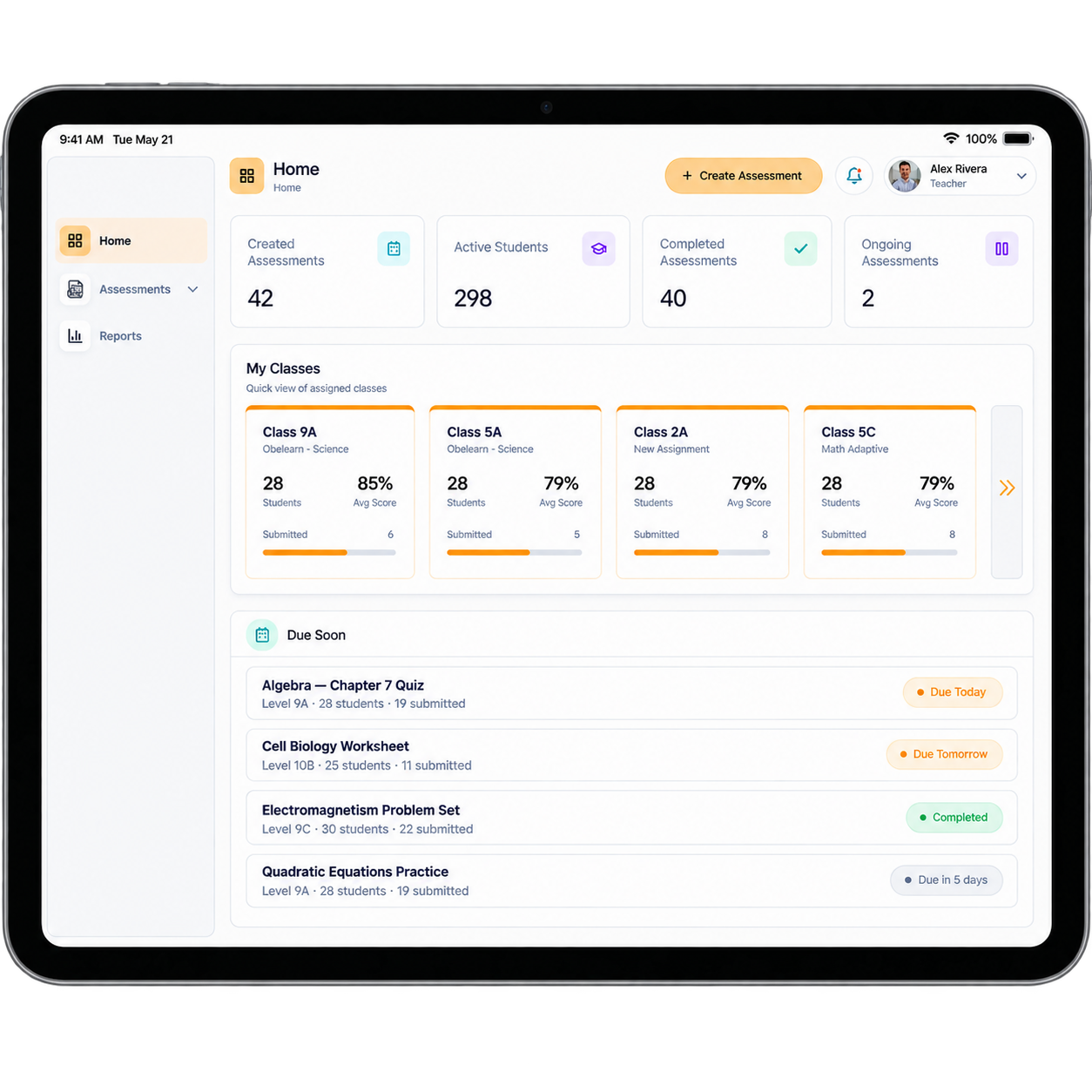 CogniAdapt teacher home dashboard with classes and upcoming assessments.