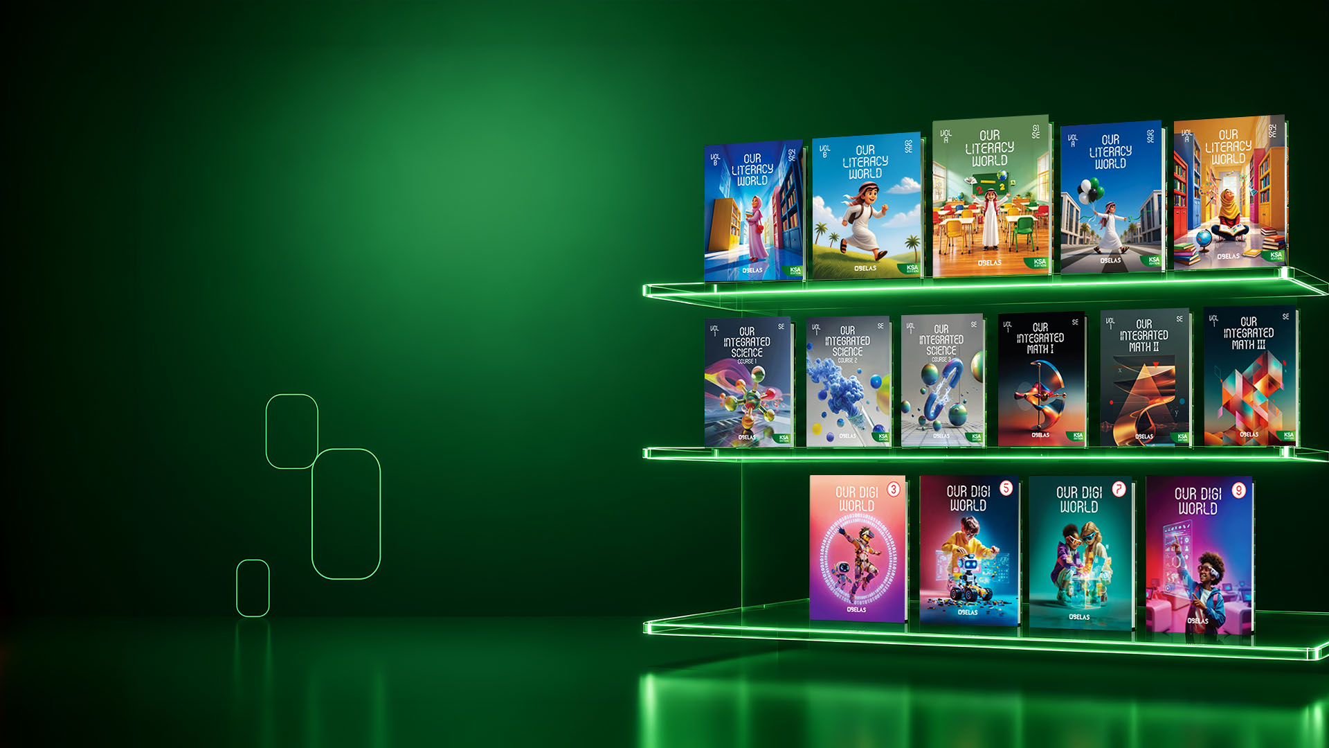 OBELAS KSA edition book shelf showcasing Literacy, Integrated Science, Math and Digital World volumes